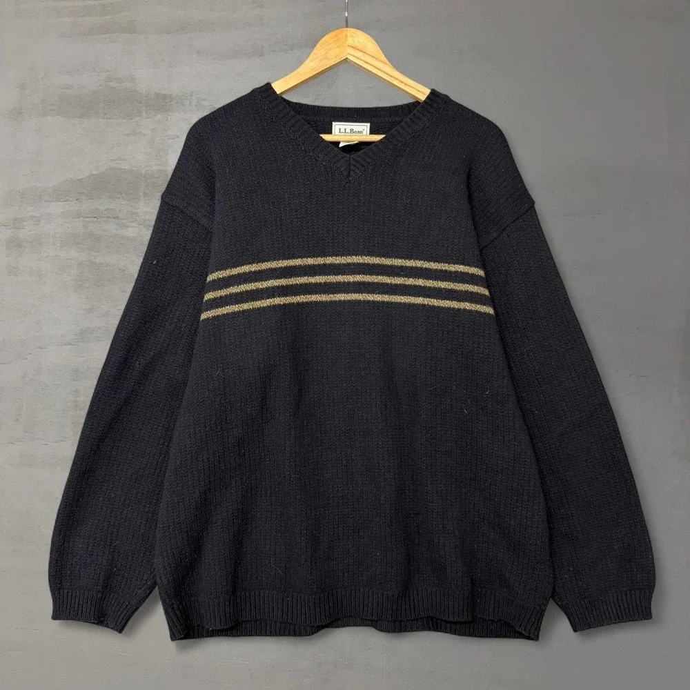 Vintage L.L.Bean V Neck Sweater Navy‎ Blue Striped Wool Blend OHR64 XL